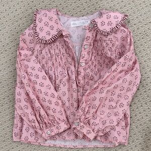 Zara Pink Floral Smocked Ruffle-Collar Blouse